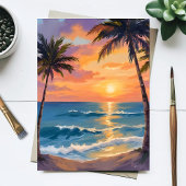 Tropical Ocean Sunset Palm Tree Watercolor ポストカード