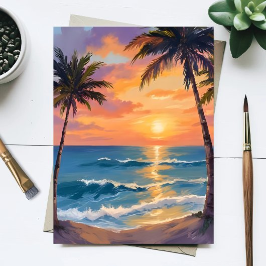 Tropical Ocean Sunset Palm Tree Watercolor ポストカード