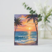 Tropical Ocean Sunset Palm Tree Watercolor ポストカード (スタンド正面)