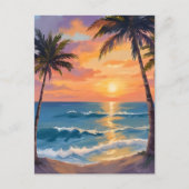 Tropical Ocean Sunset Palm Tree Watercolor ポストカード (正面)