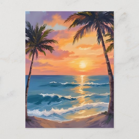 Tropical Ocean Sunset Palm Tree Watercolor ポストカード (正面)