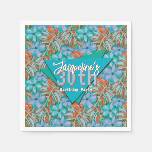 Tropical Orange and Blue Floral Birthday スタンダードカクテルナプキン (正面)