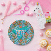 Tropical Orange and Blue Floral Birthday ペーパープレート (パーティー)