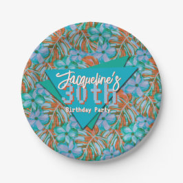 Tropical Orange and Blue Floral Birthday ペーパープレート
