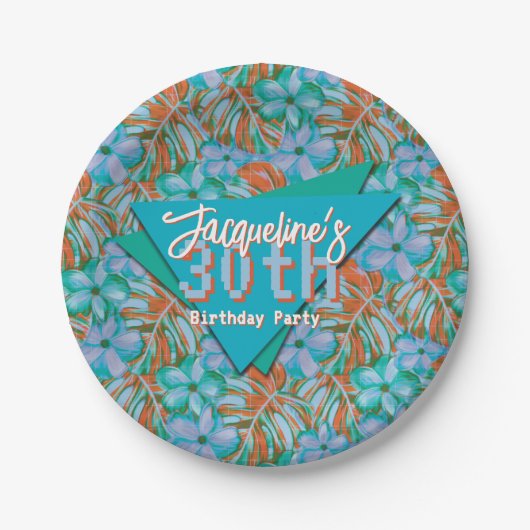 Tropical Orange and Blue Floral Birthday ペーパープレート (正面)
