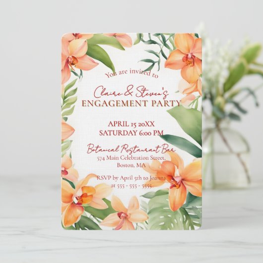 Tropical Orange Orchid & Greenery Engagement Party 招待状 (スタンド正面)