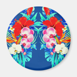 Tropical orchid palm leaf Hawaiian floral blue マグネット