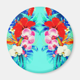 Tropical orchid palm leaf Hawaiian floral teal マグネット