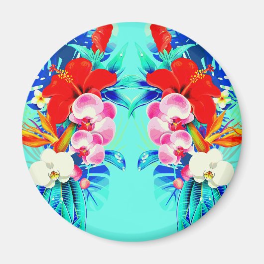 Tropical orchid palm leaf Hawaiian floral teal マグネット (正面)