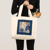 Tropical Palm Foliage Navy Elegant Tote Bag ラージトートバッグ (正面(商品))