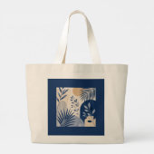 Tropical Palm Foliage Navy Elegant Tote Bag ラージトートバッグ (裏面)