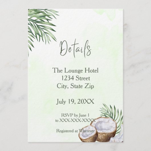 Tropical Palm Leaf & Coconut Details Card 招待状 (正面)