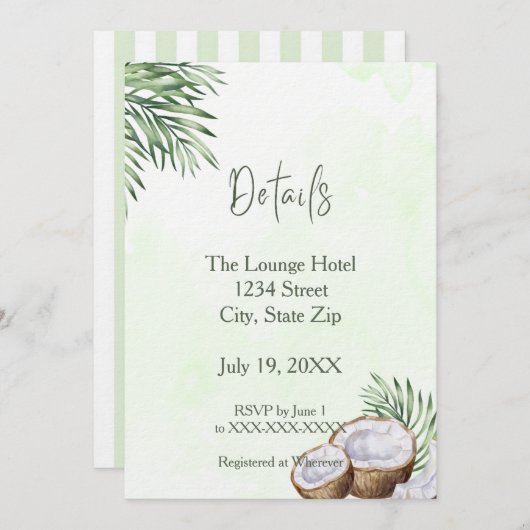 Tropical Palm Leaf & Coconut Details Card 招待状 (正面/裏面)
