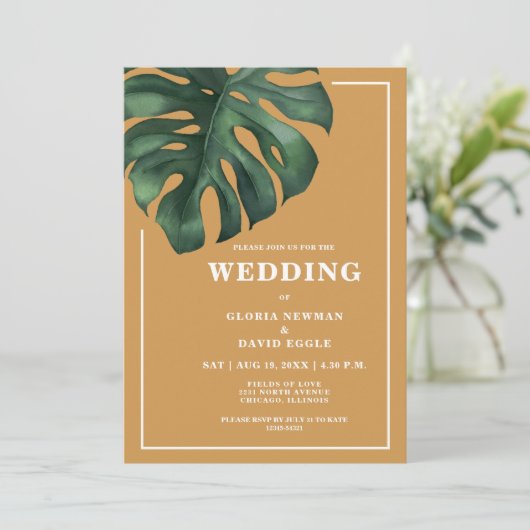 Tropical Palm Leaf Monstera Wedding Invitation 招待状 (スタンド正面)