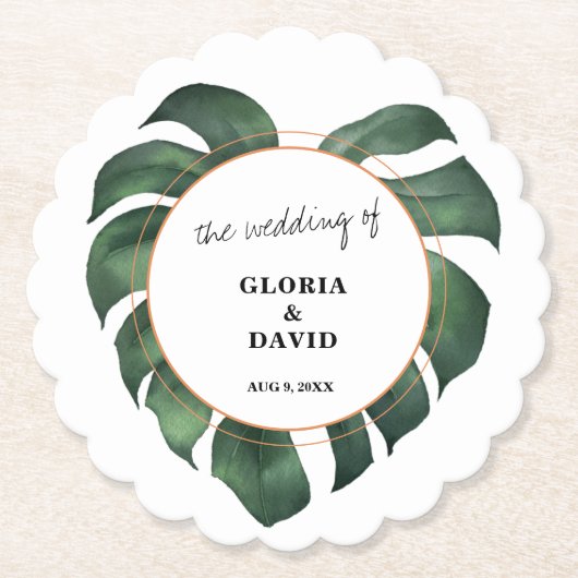 Tropical Palm Leaf Wedding ペーパーコースター (正面)