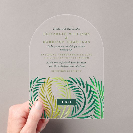 Tropical Palm Leaves, Beach Wedding アクリル招待状 (インサイチュ (ポータブル))