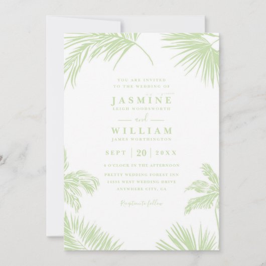 Tropical Palm Leaves Destination QR Code Wedding 招待状 (正面)