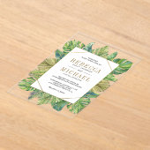 Tropical Palm Leaves Gold Wedding アクリル招待状 (レイダウン)