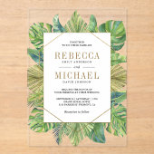 Tropical Palm Leaves Gold Wedding アクリル招待状 (正面)