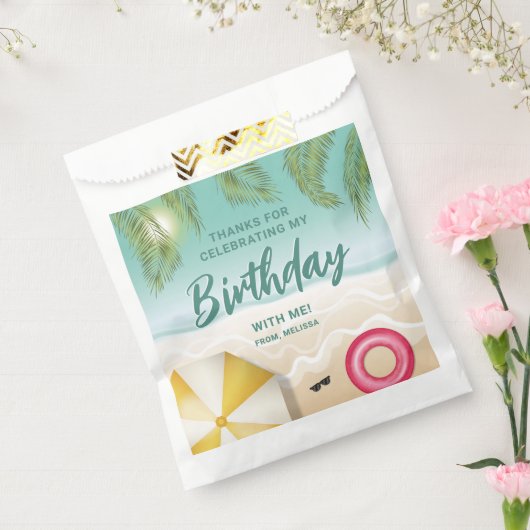 Tropical Palm Leaves Sand Beach Birthday Thank You フェイバーバッグ (封をした状態)