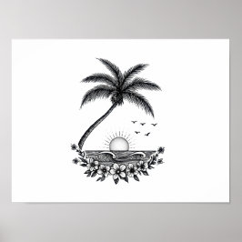 Tropical Palm Sunset – Minimalist Beach Line Art  ポスター