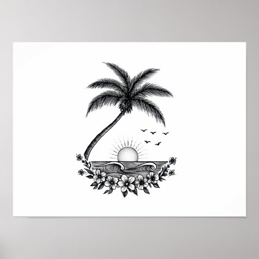 Tropical Palm Sunset – Minimalist Beach Line Art  ポスター (正面)