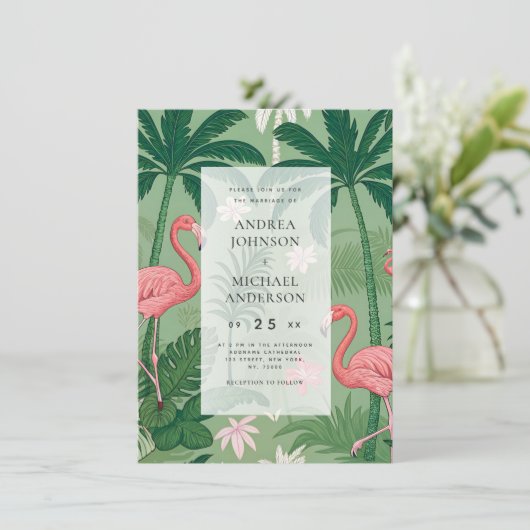 Tropical Palm Tree Flamingo Destination Wedding 招待状 (スタンド正面)