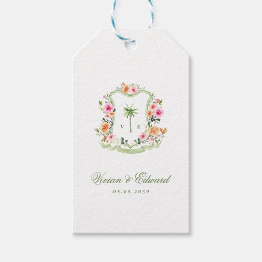 Tropical Palm Tree Monogram Crest Beach Wedding ギフトタグ (正面)
