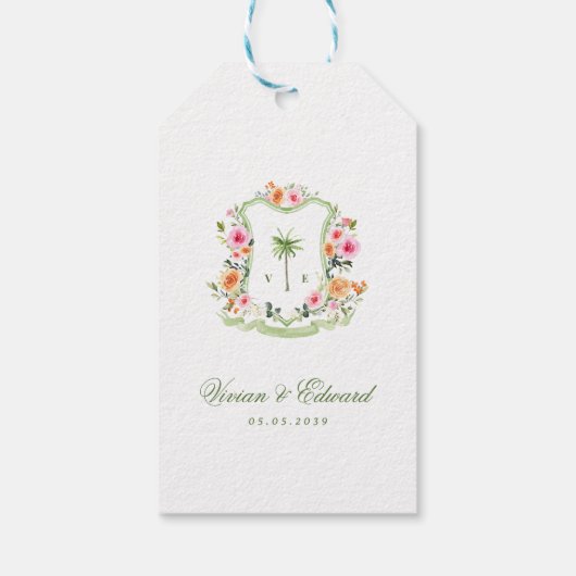 Tropical Palm Tree Monogram Crest Beach Wedding ギフトタグ (裏面)