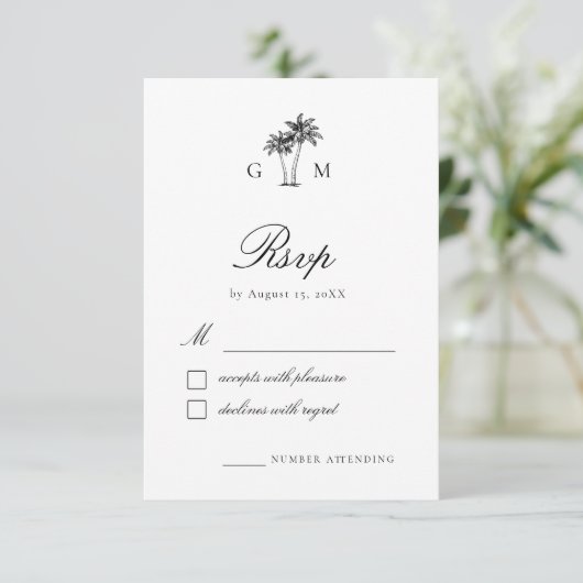 Tropical Palm Tree Monogram Destination Wedding 出欠カード (スタンド正面)
