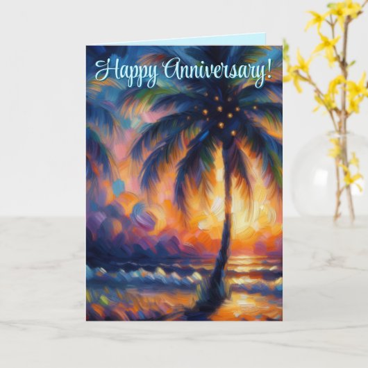 Tropical Palm Tree Personalized Anniversary カード (黄色い花)