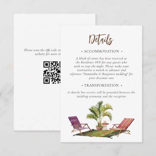 Tropical Palm Tree Wedding Details QR Code エンクロージャーカード (正面/裏面)