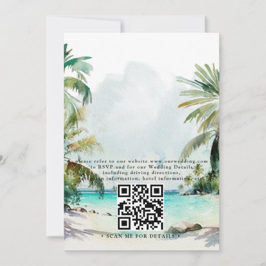 Tropical Palm Trees Beach Scene QR Code Wedding 招待状 (裏面)