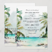 Tropical Palm Trees Beach Scene QR Code Wedding 招待状 (正面/裏面)