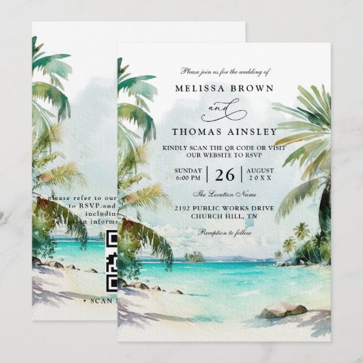 Tropical Palm Trees Beach Scene QR Code Wedding 招待状 (正面/裏面)