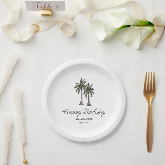 Tropical Palm Trees Elegant 30th Birthday Party ペーパープレート (ウェディング)