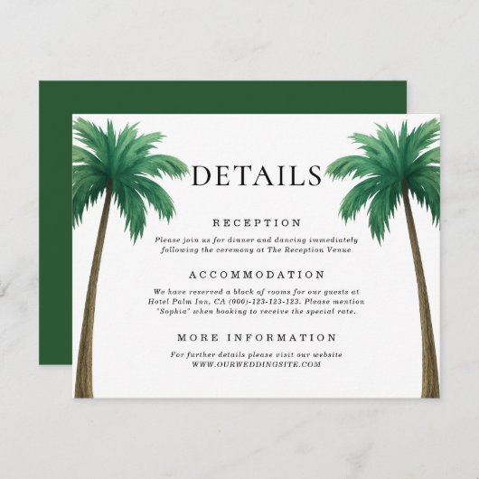 Tropical Palm Trees Minimal Beach Wedding Details エンクロージャーカード (正面/裏面)