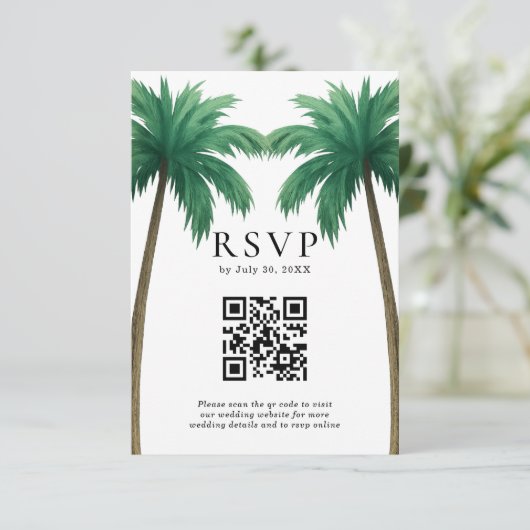 Tropical Palm Trees Minimal Beach Wedding QR Code 出欠カード (スタンド正面)