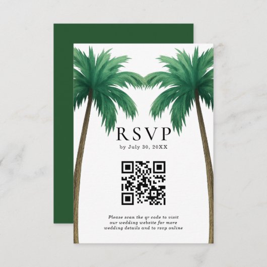 Tropical Palm Trees Minimal Beach Wedding QR Code 出欠カード (正面/裏面)