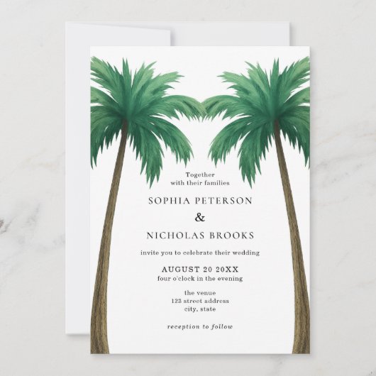 Tropical Palm Trees Minimal Photo Beach Wedding 招待状 (正面)