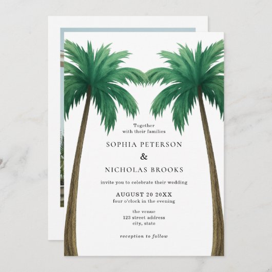 Tropical Palm Trees Minimal Photo Beach Wedding 招待状 (正面/裏面)