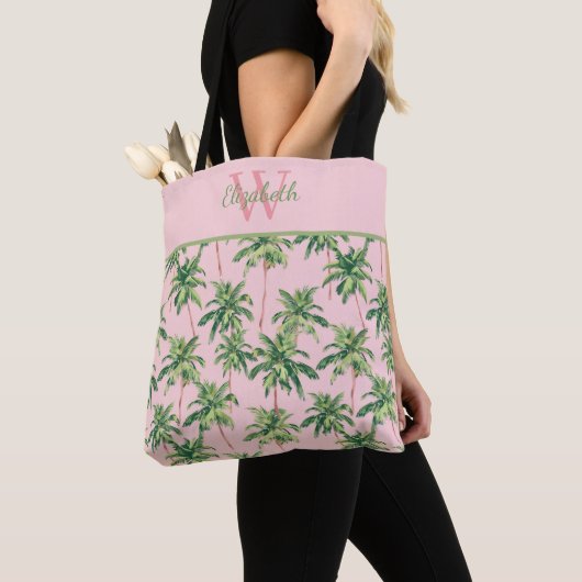 Tropical Palm Trees on Pink Monogram トートバッグ (クローズアップ)