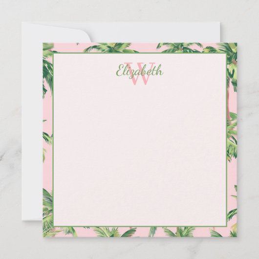Tropical Palm Trees on Pink Monogram ノートカード (正面)