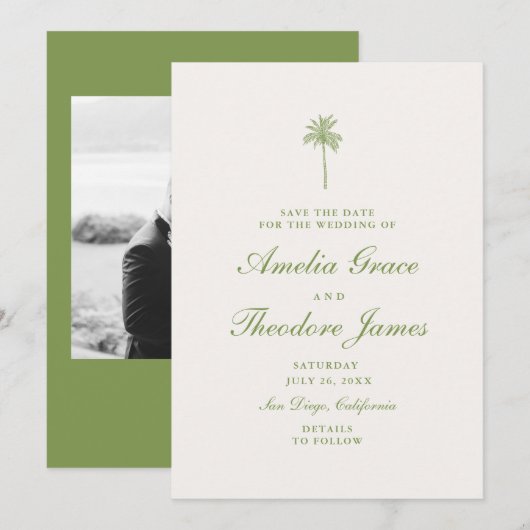 Tropical Palm Wedding Save the Date Card 招待状 (正面/裏面)