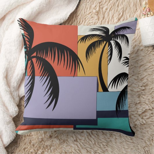 Tropical Palms on Geometric Sunset Background クッション (ブランケット)