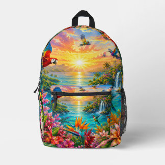 Tropical Paradise Birds & Hibiscus Floral Backpack プリントバックパック