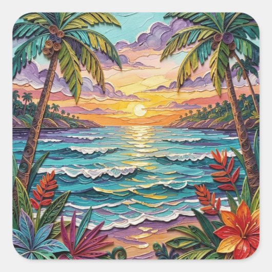 Tropical Paradise | Coastal Beach Scene Impasto スクエアシール (正面)