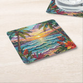 Tropical Paradise | Coastal Beach Scene Impasto スクエアペーパーコースター (アングル)