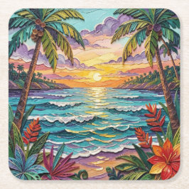 Tropical Paradise | Coastal Beach Scene Impasto スクエアペーパーコースター