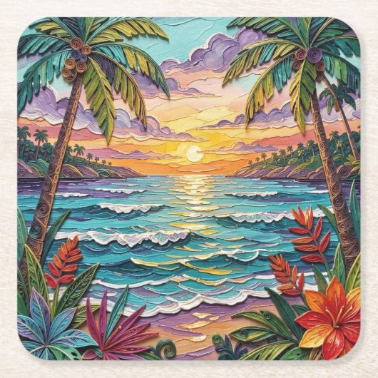 Tropical Paradise | Coastal Beach Scene Impasto スクエアペーパーコースター (正面)